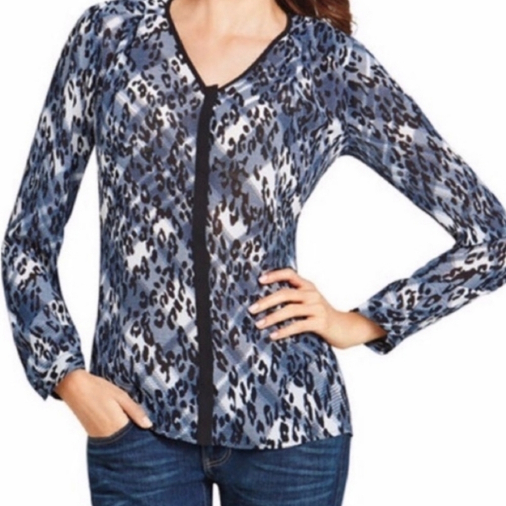 CAbi #977 Fatale Sheer Plaid Leopard Print Blouse